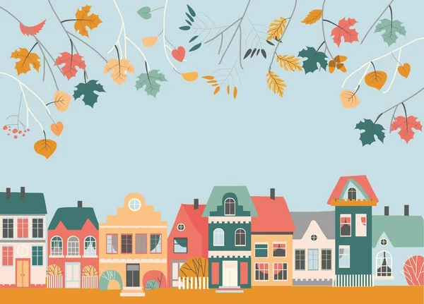Söt tecknad liten stad med höstlöv grenar — Stock vektor