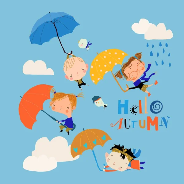 Ευτυχισμένα παιδιά που πετούν με ομπρέλες στον ουρανό — Διανυσματικό Αρχείο