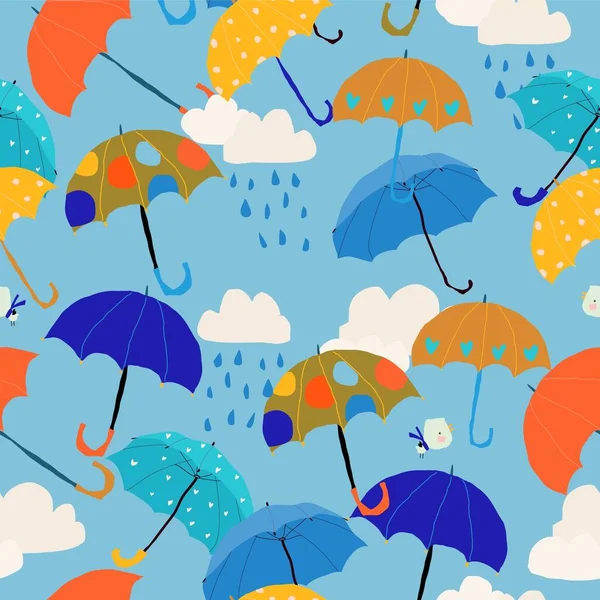 Patrón sin costuras con paraguas coloridos en el cielo — Vector de stock