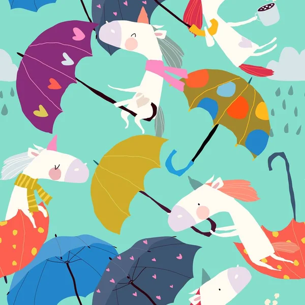 Sömlös mönster med roliga enhörningar flyger med paraplyer i himlen — Stock vektor