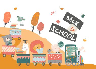 Mutlu çizgi film hayvanları okula trenle gidiyor.