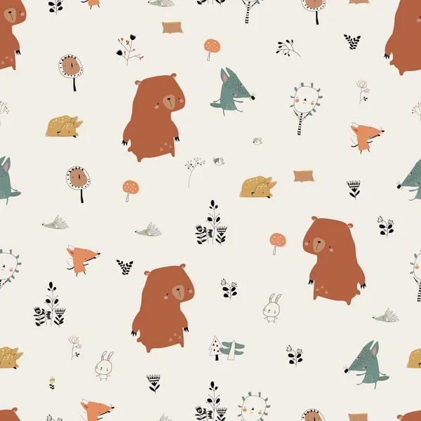 Seamless Pattern with Cute Animals in Autumn Forest — Stock Vector