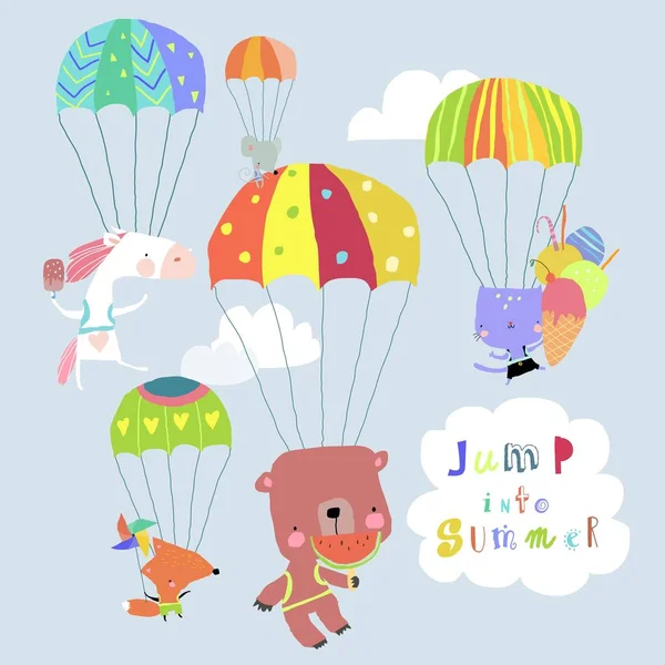 Animali felici che volano con colorati paracadute nel cielo — Vettoriale Stock