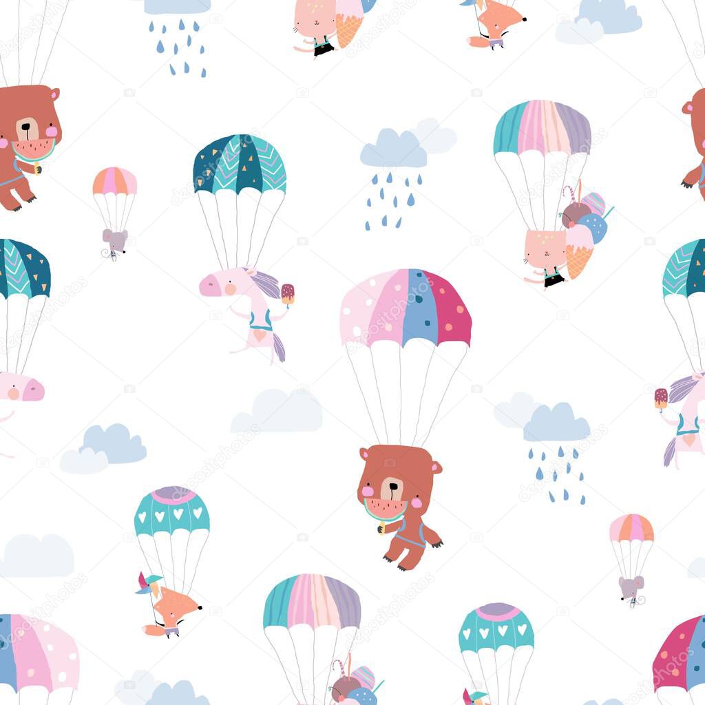 Seamless Pattern with Happy Animals flying with Colorful Parachutes in the Sky