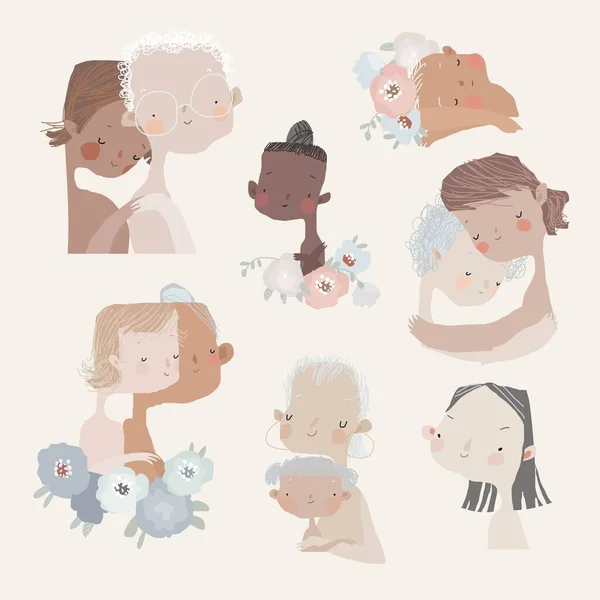 Conjunto de lindas ilustraciones para el Día de las Madres en estilo de dibujos animados — Vector de stock