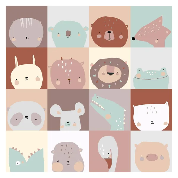 Ensemble de visages mignons animaux sur fond différent — Image vectorielle