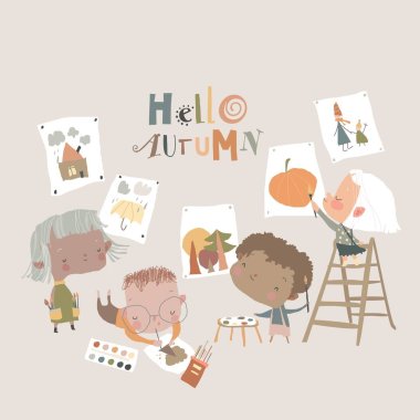 Cute cartoon Kids painting Pictures about Autumn clipart