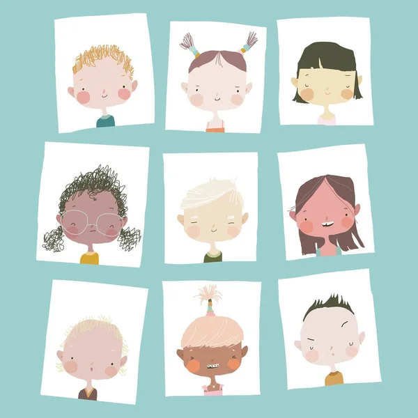 Bonito desenhos animados meninas e meninos retratos diferentes nações —  Vetores de Stock