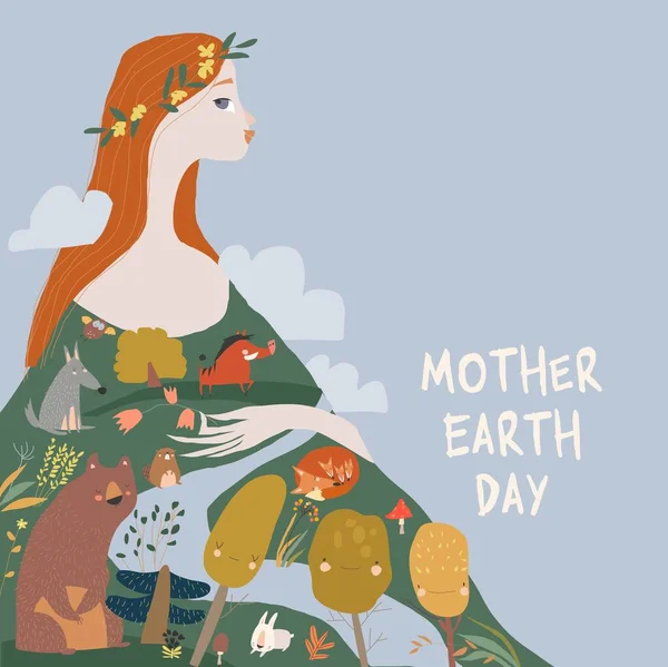 С Днем Матери-Земли! Женщина с рыжими волосами держит лес и животных! — стоковый вектор