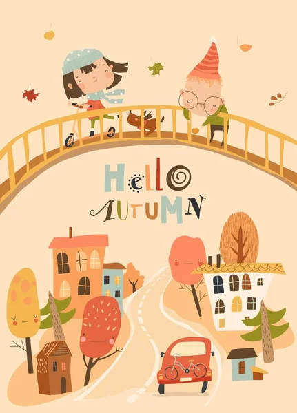 Lindos niños de dibujos animados divertirse y conocer otoño — Vector de stock