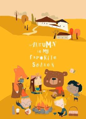Güz Ormanı 'nda Şenlik Ateşi etrafında oturan Sevimli Çizgi Film Arkadaşları