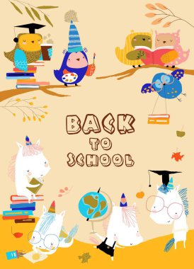 Komik Çizgi Baykuşlar Tek Boynuzlu atlar Okula Dönmeye Hazırlanıyor