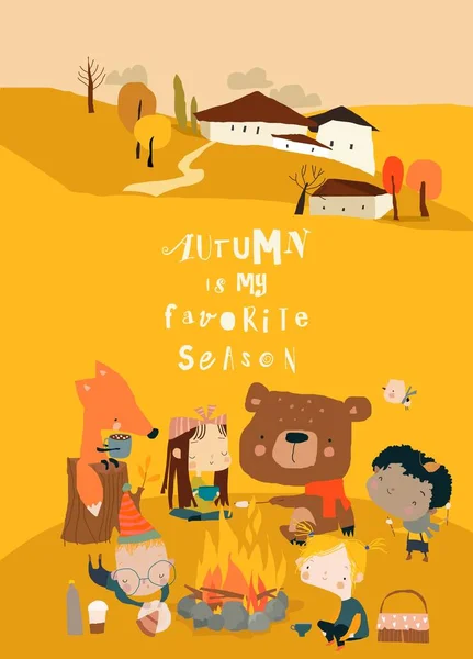 Cute Cartoon Friends sitting around Bonfire in Autumn Forest — Stockový vektor