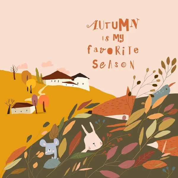 Γελοιογραφία Φθινόπωρο τοπίο με το μικρό χωριό και τα ζώα στα φυτά — Διανυσματικό Αρχείο