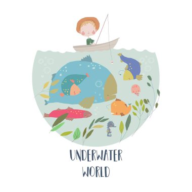 Nehirde teknede balık tutan mutlu çizgi film çocuğu