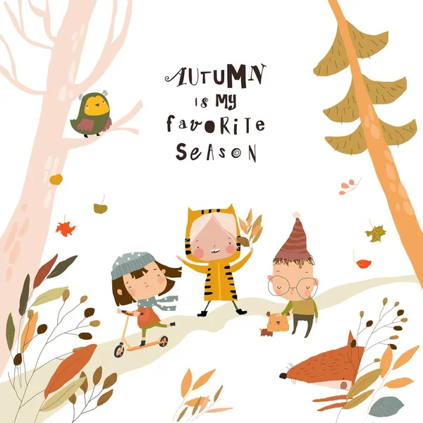 귀여운 만화 어린이들 이 가을 숲에서 재미있게 노는 모습 — 스톡 벡터