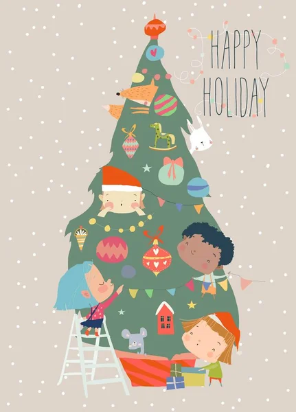 Joyeux dessin animé enfants décorant arbre de Noël. Joyeuses fêtes — Image vectorielle