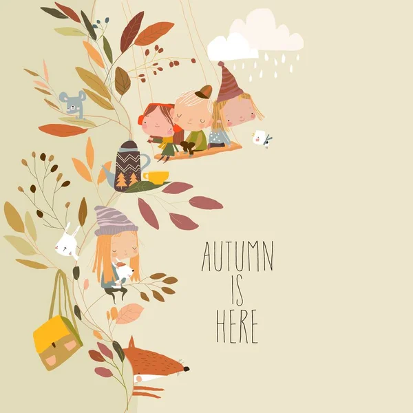Dessin animé mignon enfants s'amuser dans les plantes d'automne — Image vectorielle
