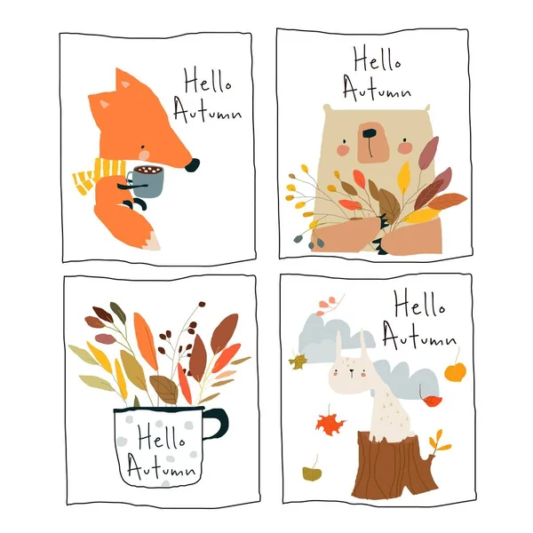 Cuatro pequeñas ilustraciones con animales de dibujos animados divertidos reunión otoño — Vector de stock