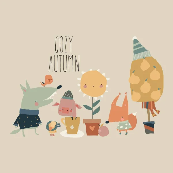 Ilustración con animales de dibujos animados lindos y elementos de otoño — Vector de stock