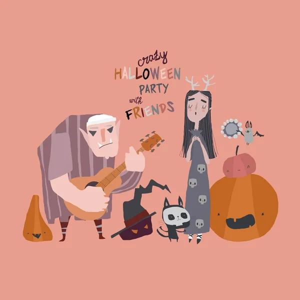 Fête de la musique folle avec bande de personnages de dessins animés Halloween — Image vectorielle