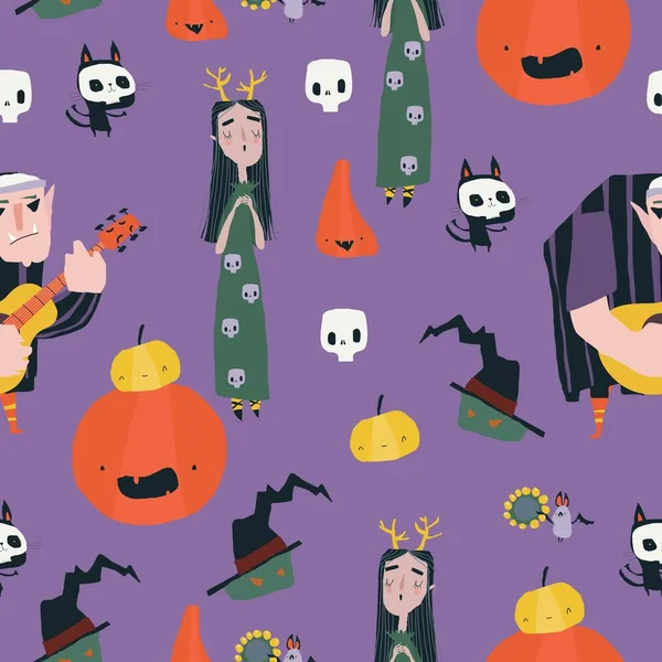 Padrão sem costura com festa de música louca com banda de personagens de Halloween dos desenhos animados — Vetor de Stock