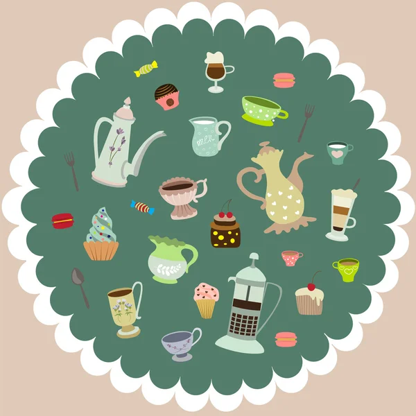 Vector tea mugs, cakes, coffee pots — Stock Vector