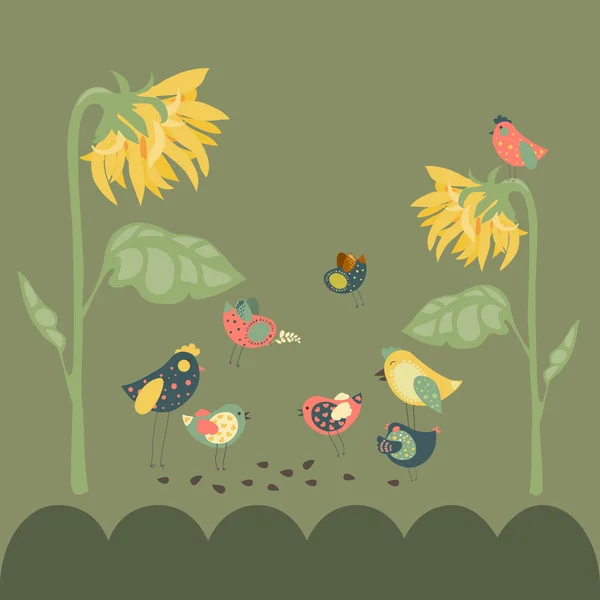 Aves picoteando semillas de girasol — Vector de stock