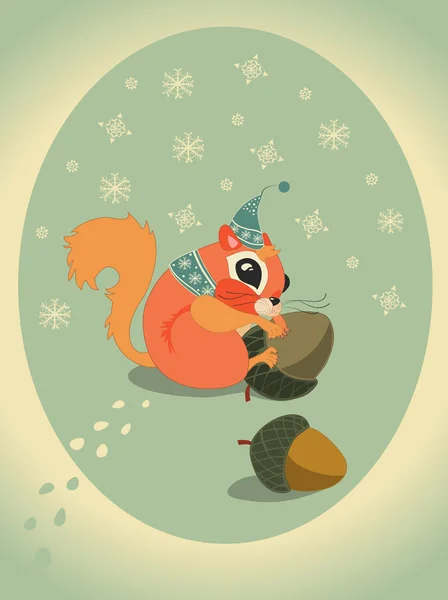 Winter squirrel on snow with acorn — Stock Vector