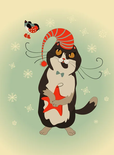 Curioso gato y pinzón celebran la Navidad — Vector de stock