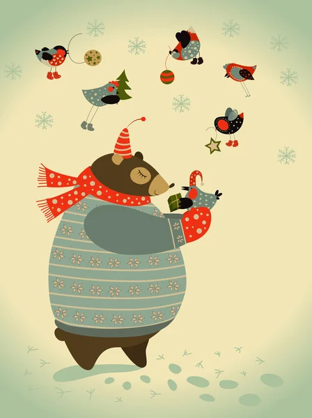 Oso y pájaros celebran la Navidad — Vector de stock