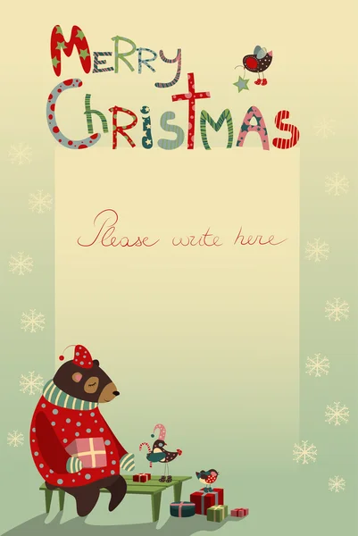 Biglietto di auguri natalizio con orso e uccelli — Vettoriale Stock