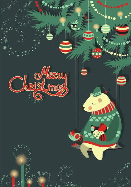 Greeting card,bear and bird under the christmas tree — Stock Vector