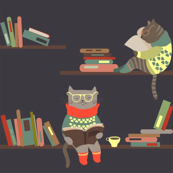 Gatos leyendo libros en estanterías — Vector de stock