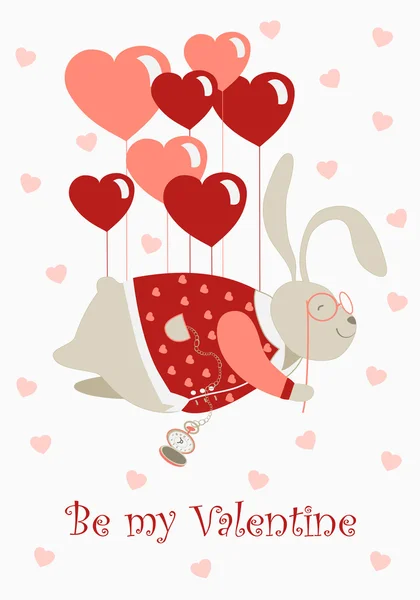 Valentine rabbit flying on heart shaped baloons — Stock Vector