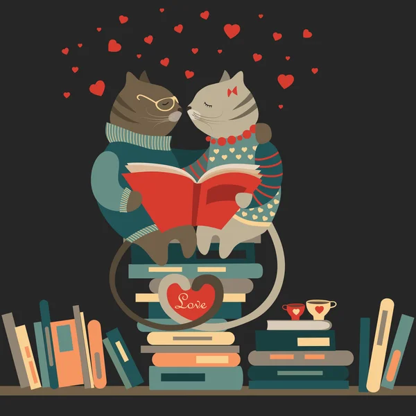 Gatos enamorados leyendo un libro — Vector de stock