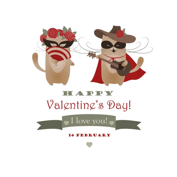 Un par de graciosos gatos de San Valentín, el gato Zorro y su novia — Vector de stock