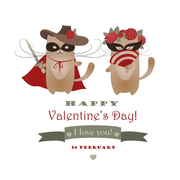 Un par de graciosos gatos de San Valentín, el gato Zorro y su novia — Vector de stock