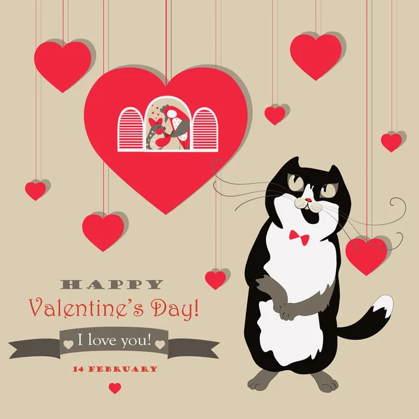 Cute pair of birds and cat celebrating Valentines Day — Stock Vector