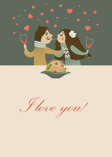 Couple amoureux manger des spaghettis — Image vectorielle