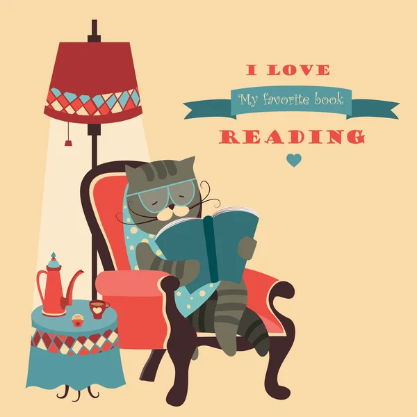 Кот читает книгу сидя в кресле — стоковый вектор