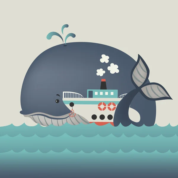 鯨と青い海で蒸気船 — ストックベクタ
