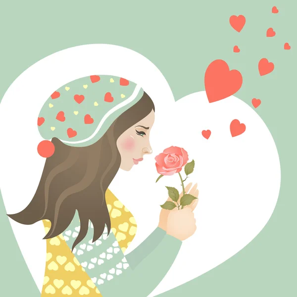 Hermosa chica enamorada de Rose — Vector de stock