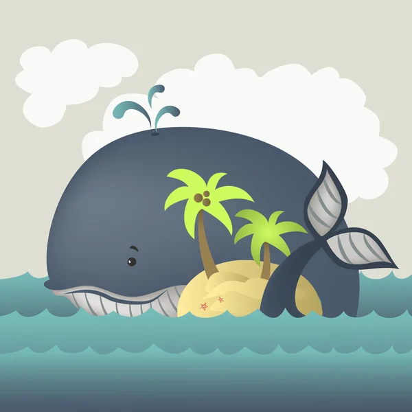 Ballena e isla en mar azul — Vector de stock