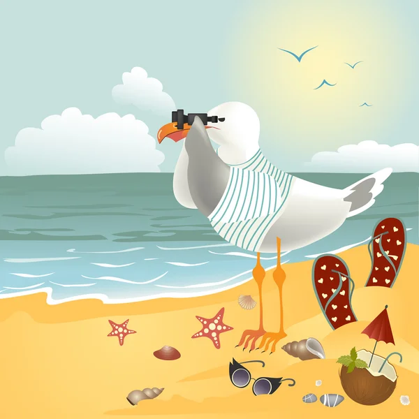 Чайки на пляжі дивлячись через бінокль — стоковий вектор