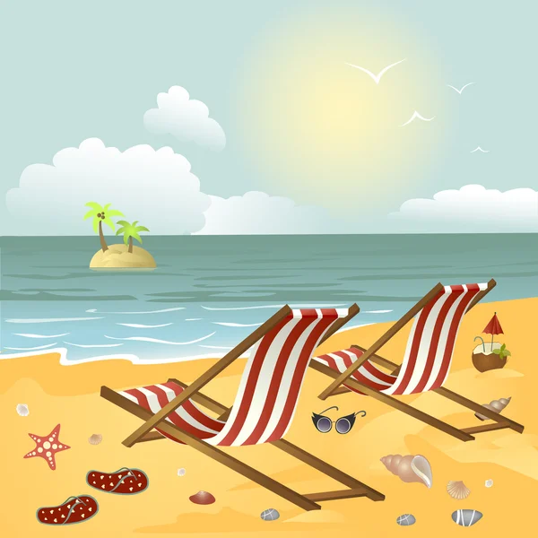 Twee chaise longue op het strand — Stockvector