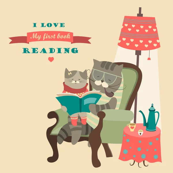 Livre de lecture chat et chaton — Image vectorielle