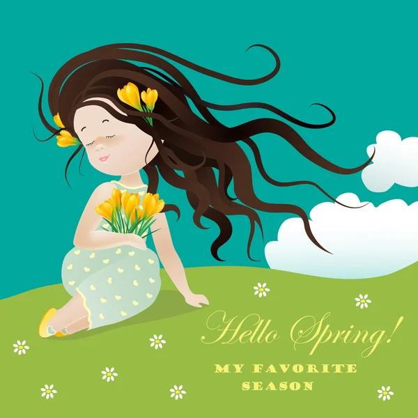 Girl with flower ssitting on grass — Stock Vector