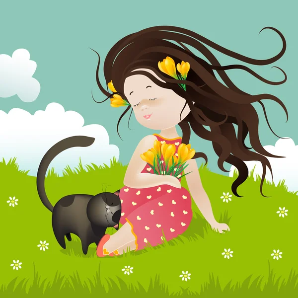 草の上に座って猫と女の子 — ストックベクタ