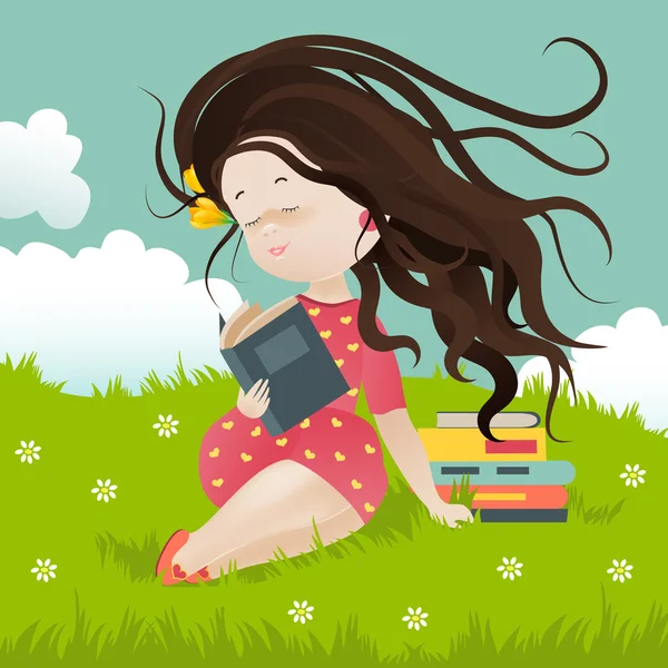 Fille assise sur l'herbe lisant un livre — Image vectorielle